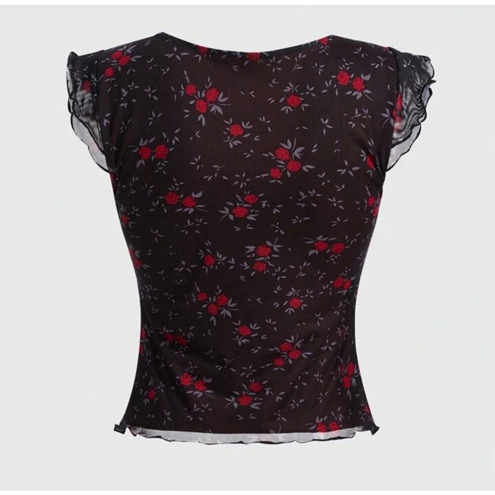 ROMWE Goth Ditsy Floral Print fairy grunge Bow Trim sheer Mesh whimsigoth Top XL - Picture 2 of 6